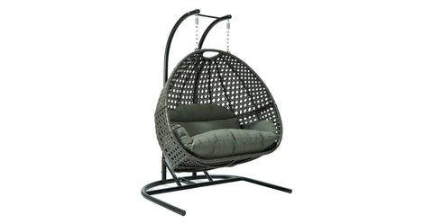 Wicker Hanging Double Egg Charcoal Swing Chair with an Iron Base