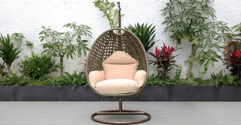 Beige Wicker Hanging Single Egg Swing Chair With Cushions