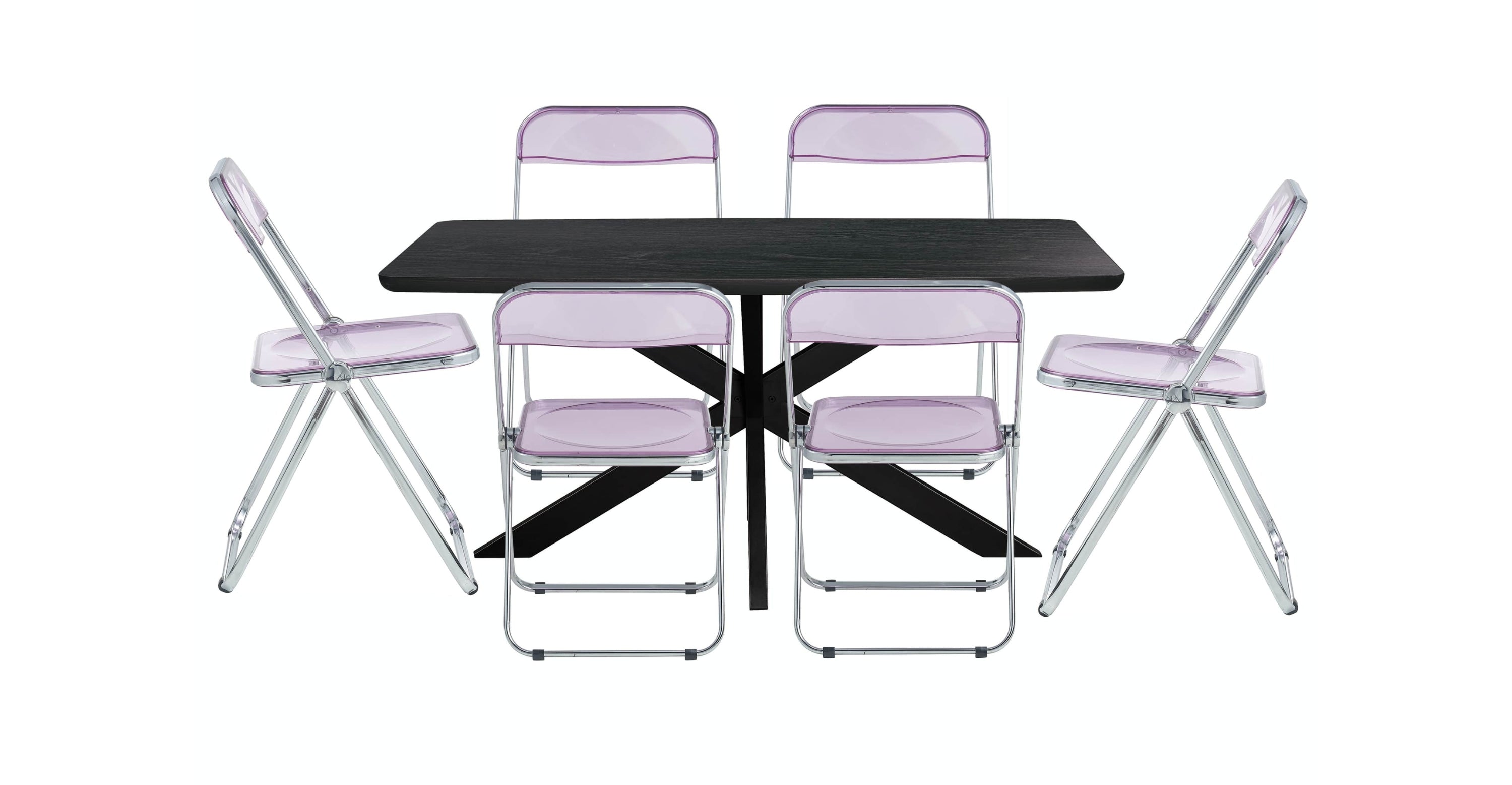 Lawrence 7-Piece Dining Set: Folding Acrylic Chairs & Rectangular Wood Table with Geometric Base