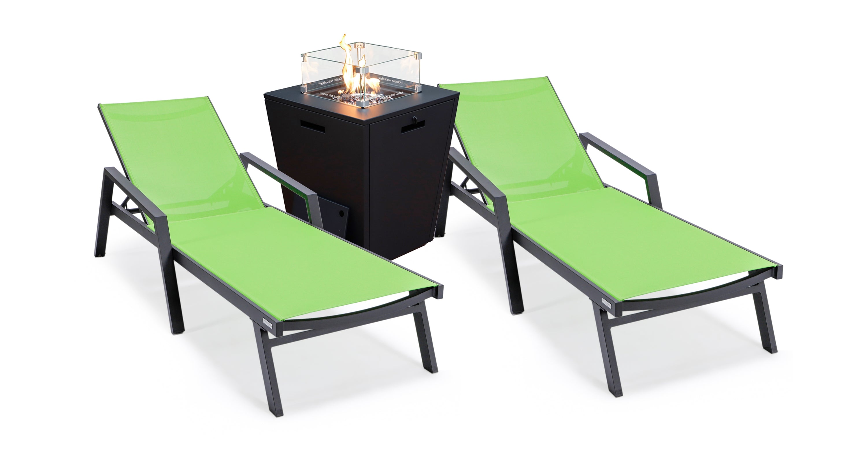 Marlin Modern Black Aluminum Outdoor Chaise Lounge Chair Set of 2 With Arms and Square Fire Pit Side Table for Patio