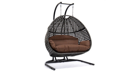 Wicker Hanging Double Egg Charcoal Swing Chair with an Iron Base