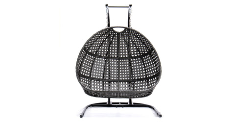 Wicker Hanging Double Egg Charcoal Swing Chair with an Iron Base