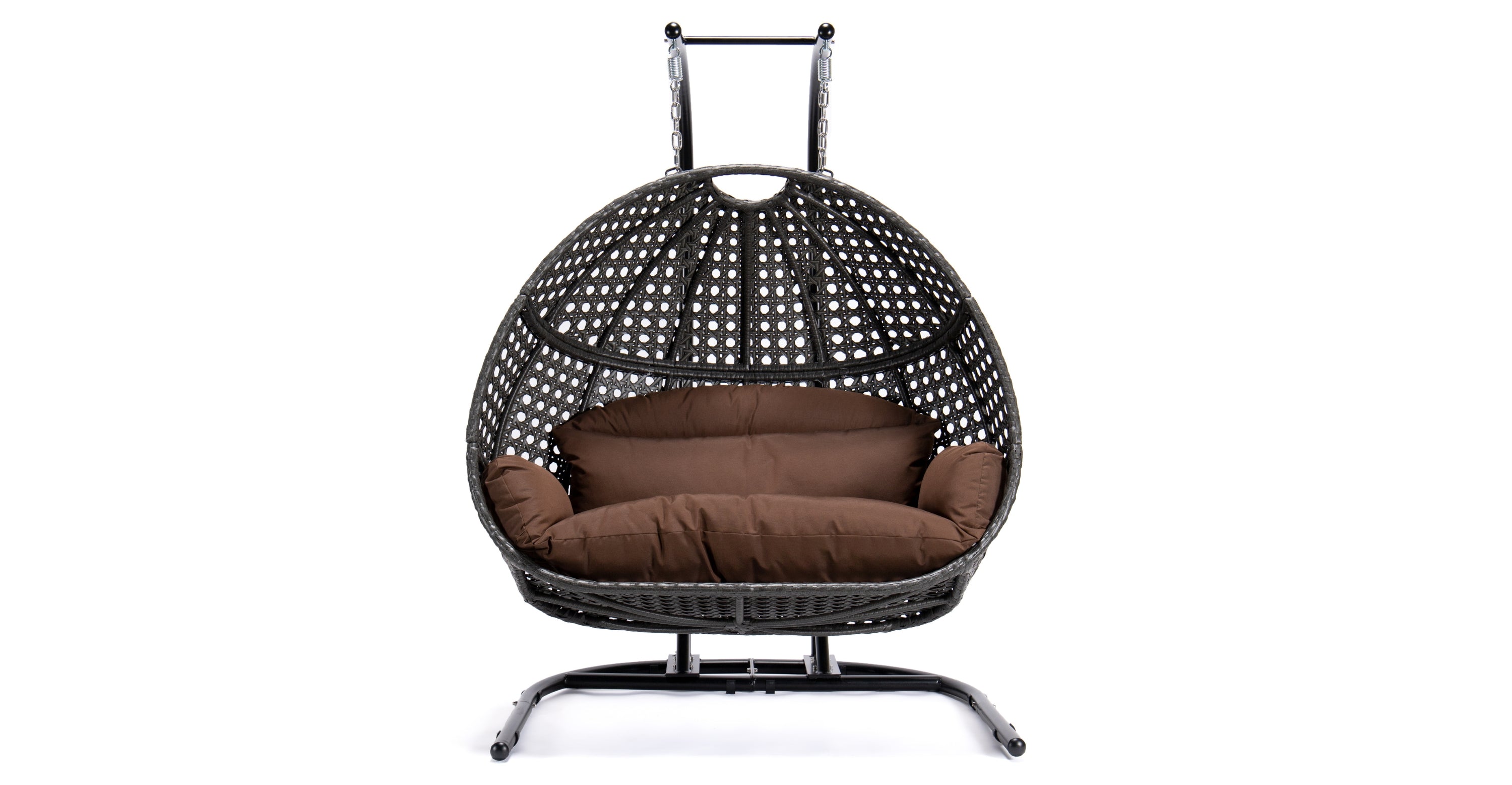 Wicker Hanging Double Egg Beige Swing Chair with an Iron Base