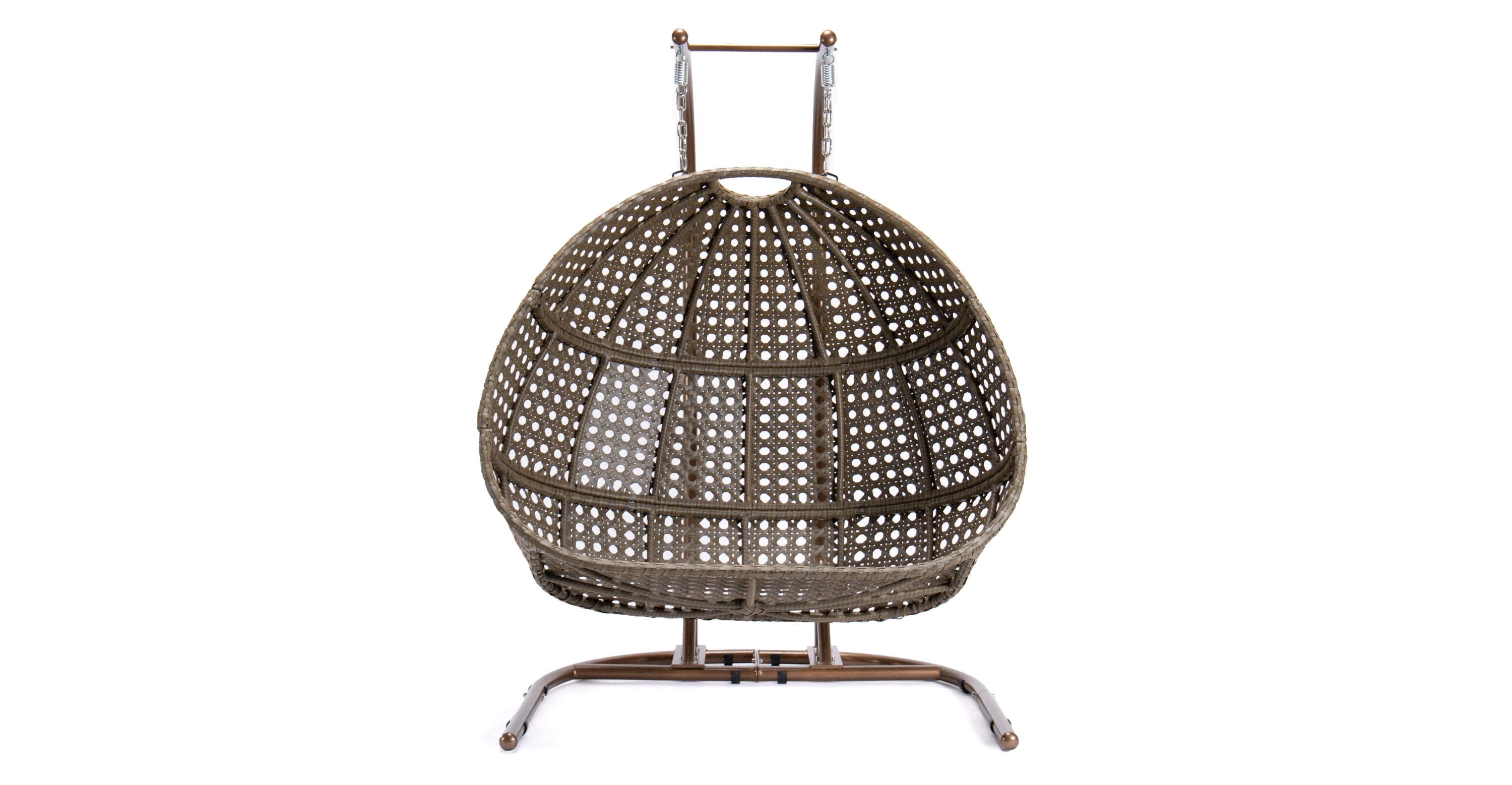 Wicker Hanging Double Egg Beige Swing Chair with an Iron Base