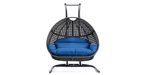 Wicker Hanging Double Egg Charcoal Swing Chair with an Iron Base