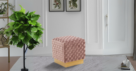 Myrtle 19" Square Weave Design Velvet Ottoman With Gold Base