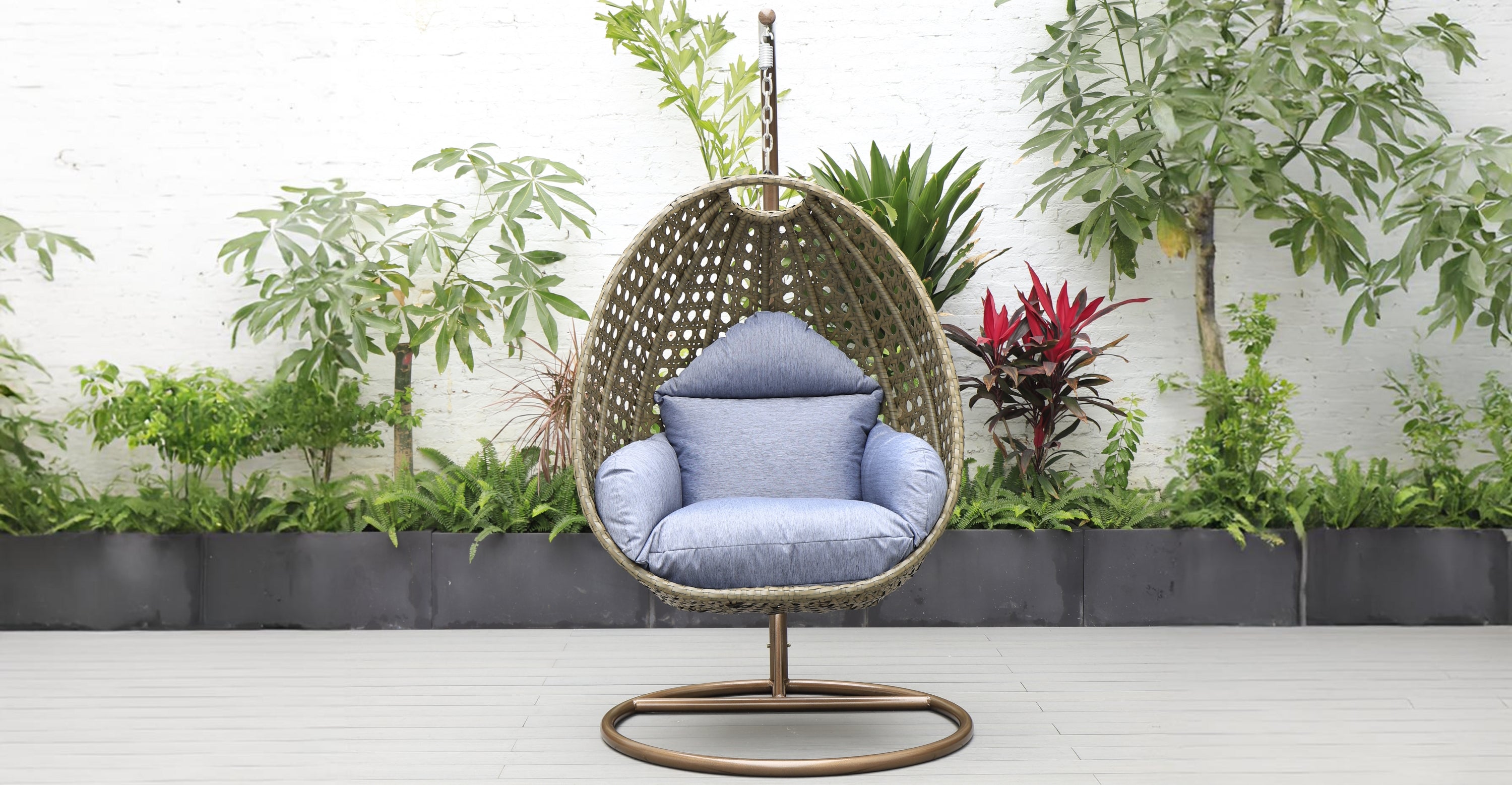 Beige Wicker Hanging Single Egg Swing Chair With Cushions