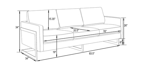 Lincoln 3-Seater Velvet/Leather Full Size Sofa in Stainless Steel