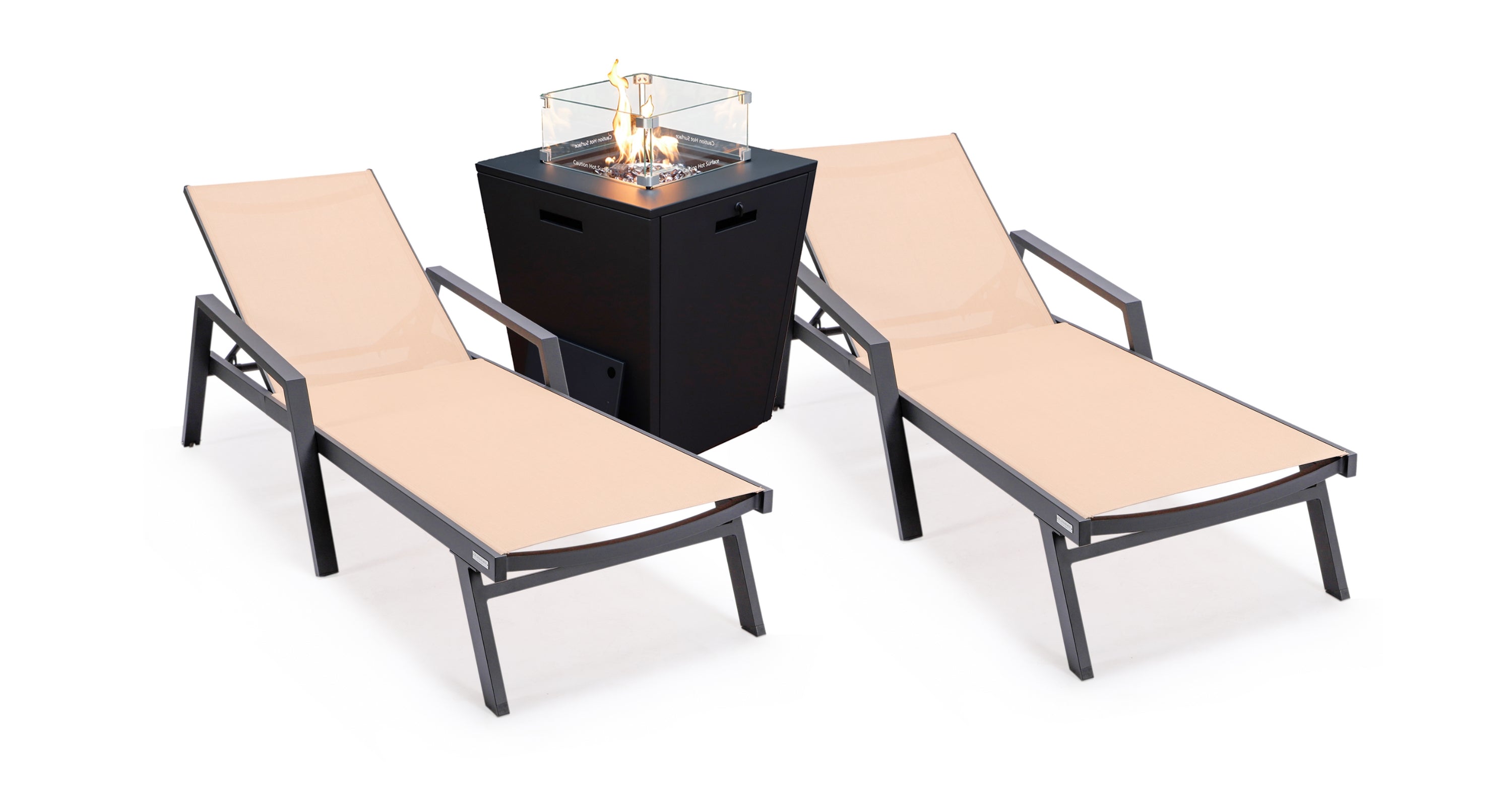 Marlin Modern Black Aluminum Outdoor Chaise Lounge Chair Set of 2 With Arms and Square Fire Pit Side Table for Patio