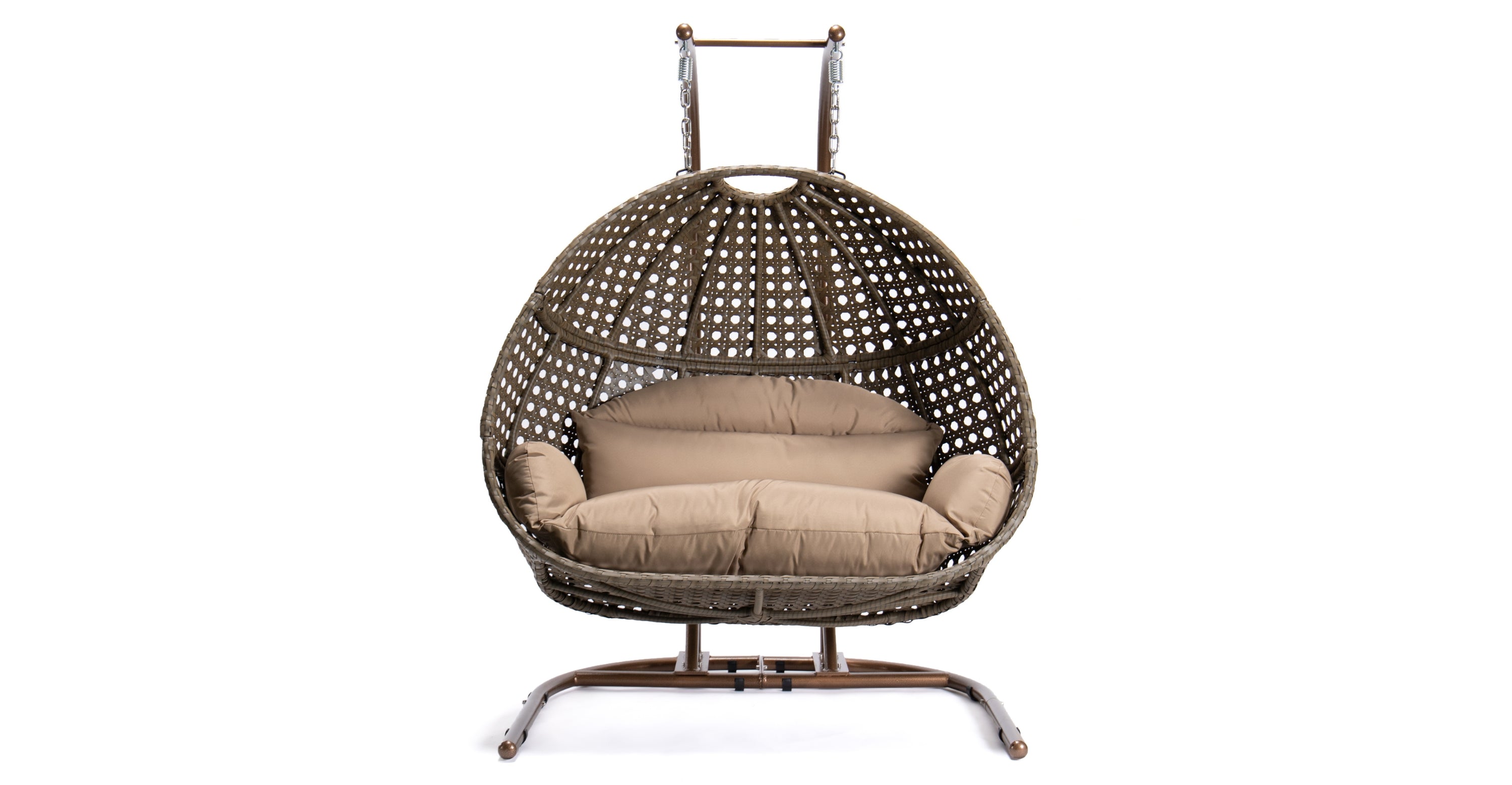 Wicker Hanging Double Egg Beige Swing Chair with an Iron Base