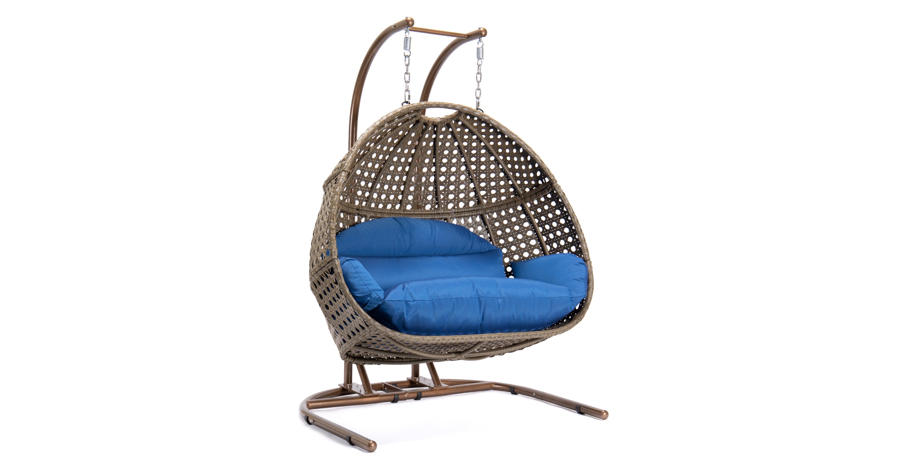 Wicker Hanging Double Egg Beige Swing Chair with an Iron Base