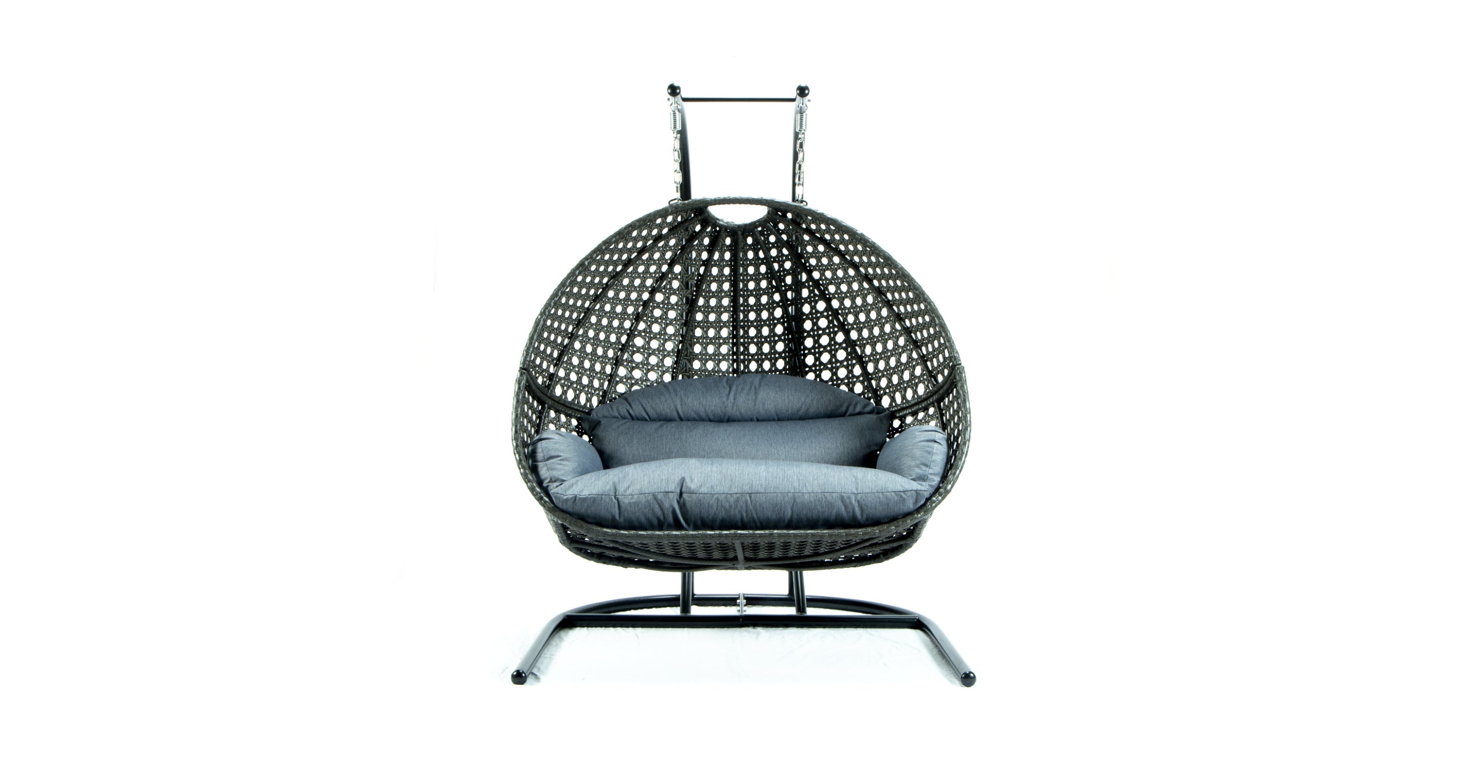 Wicker Hanging Double Egg Charcoal Swing Chair with an Iron Base