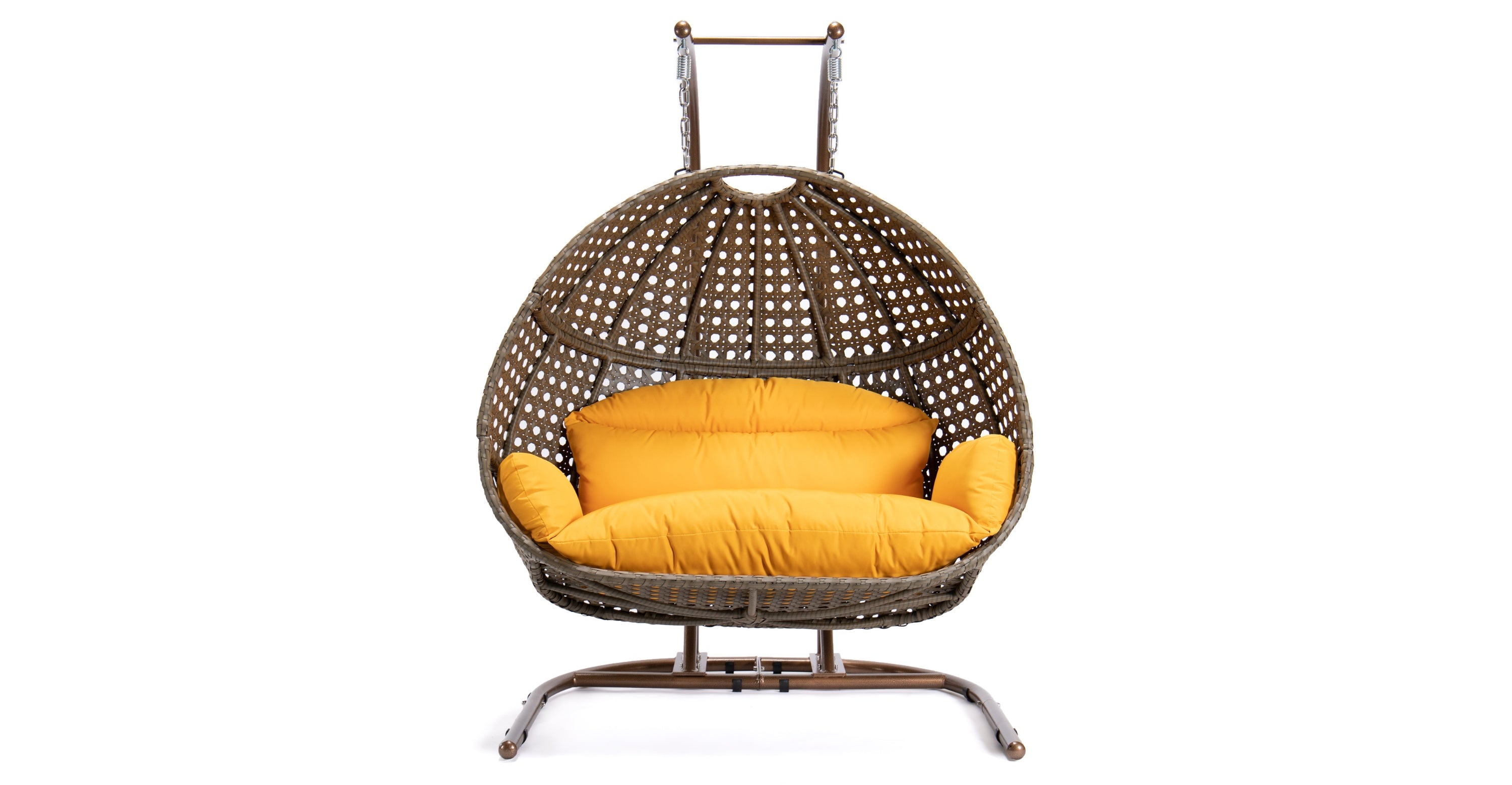 Wicker Hanging Double Egg Beige Swing Chair with an Iron Base