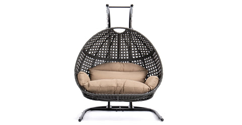 Wicker Hanging Double Egg Charcoal Swing Chair with an Iron Base