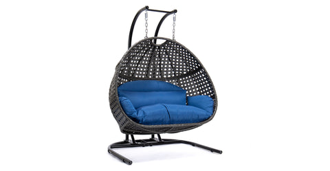 Wicker Hanging Double Egg Charcoal Swing Chair with an Iron Base