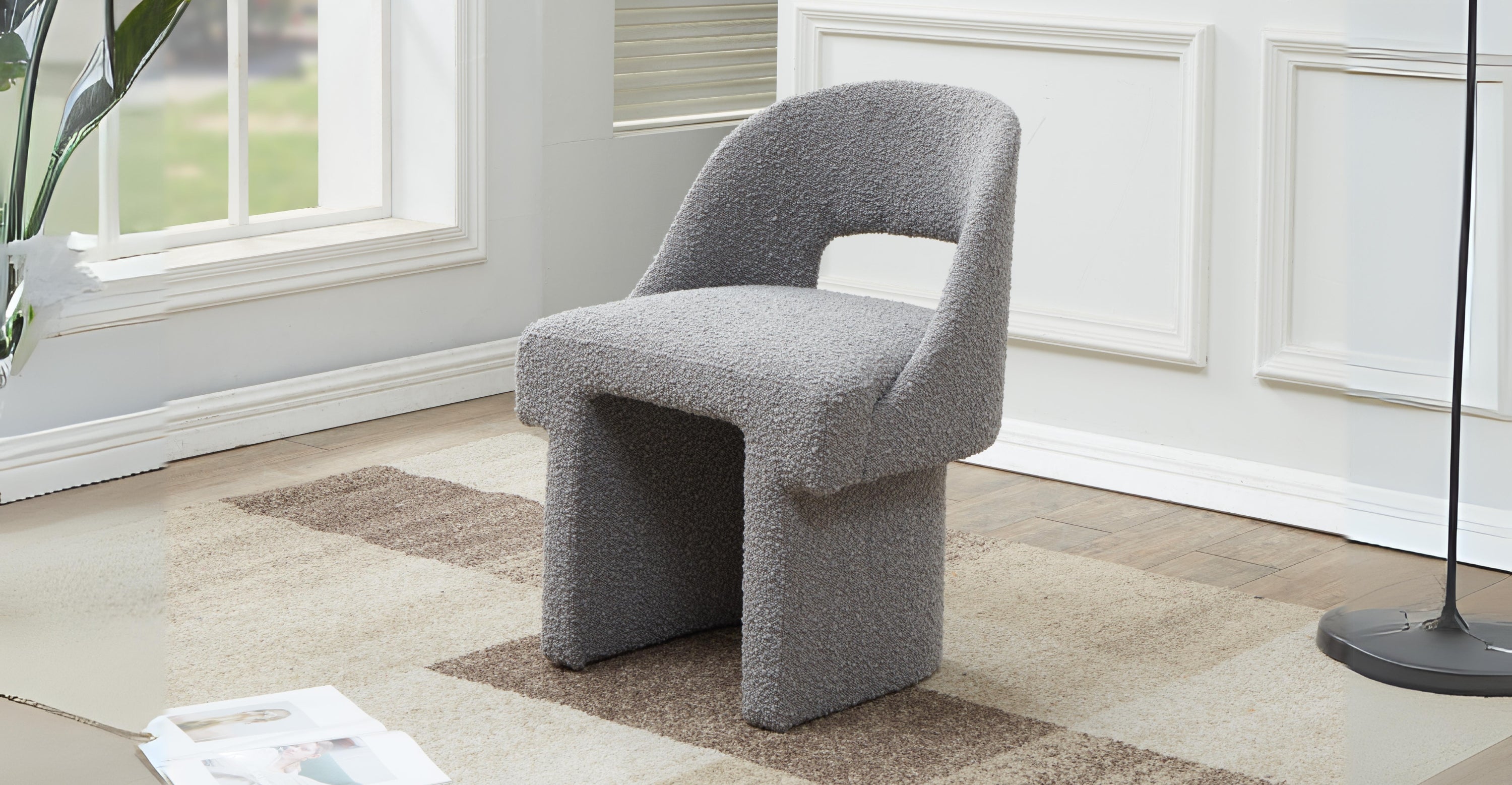 Quell Boucle Accent Chair Curved Open Back Design and Manufactured Wood Frame