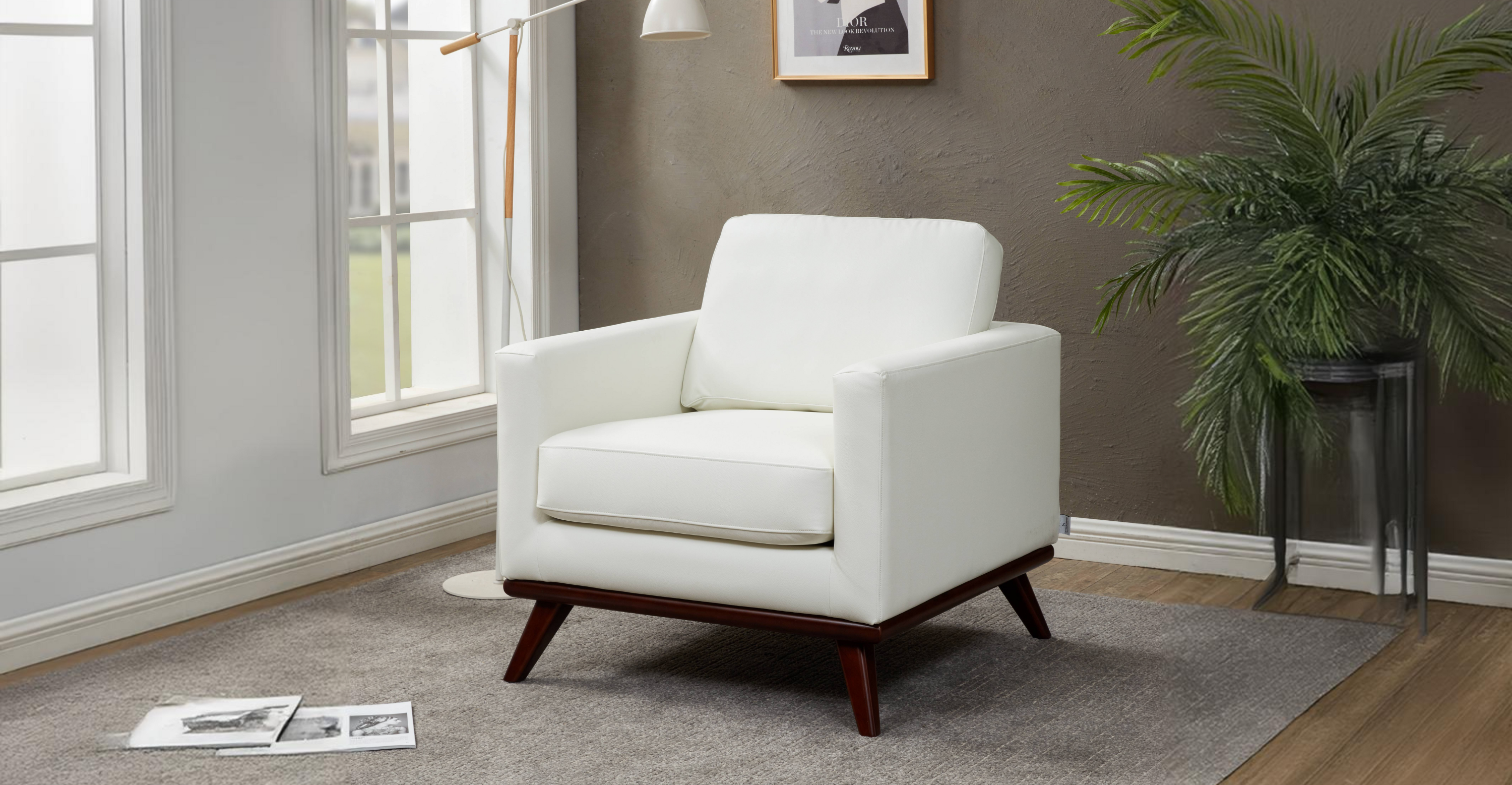 Chester Modern Leather Accent Arm Chair With Birch Wood Base