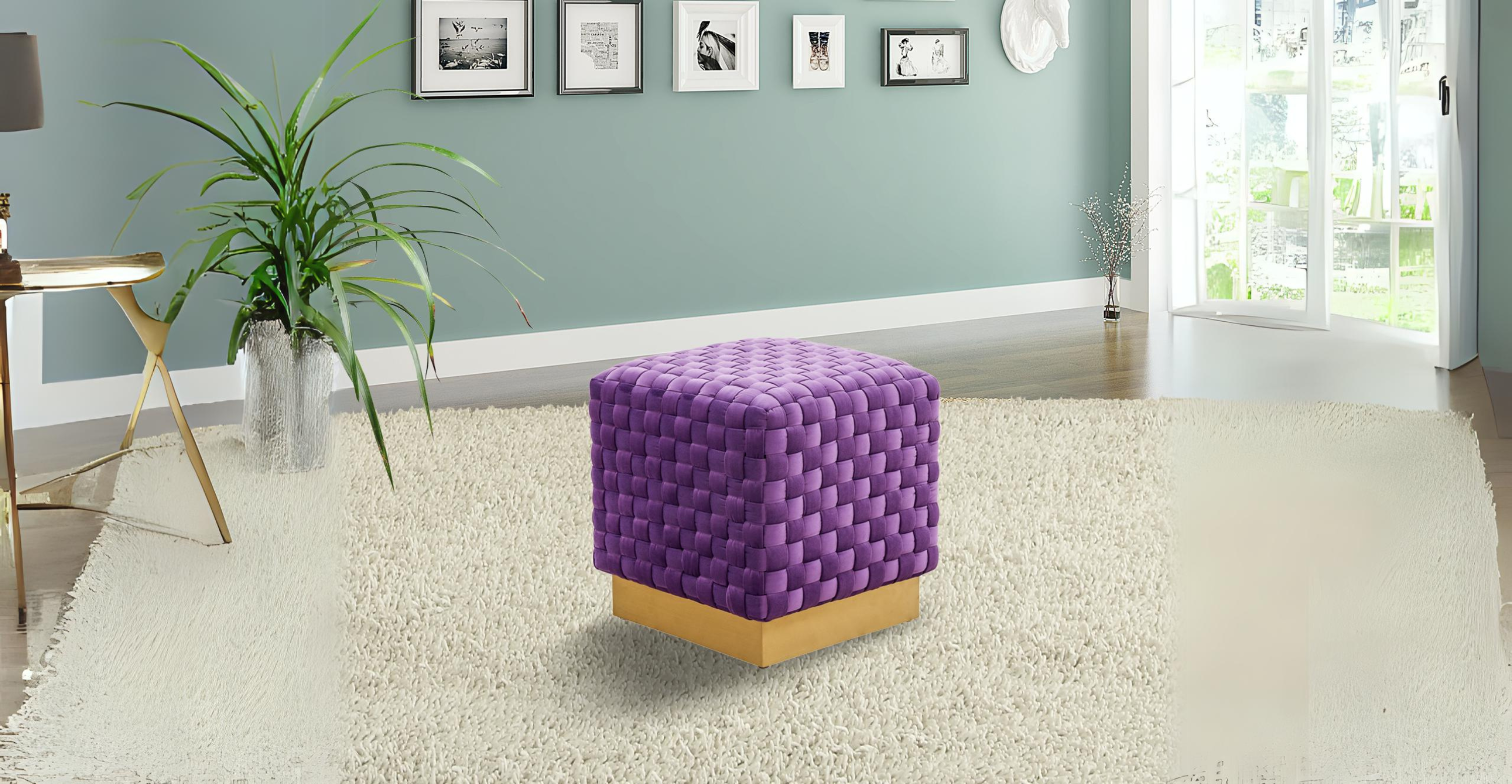 Myrtle 19" Square Weave Design Velvet Ottoman With Gold Base