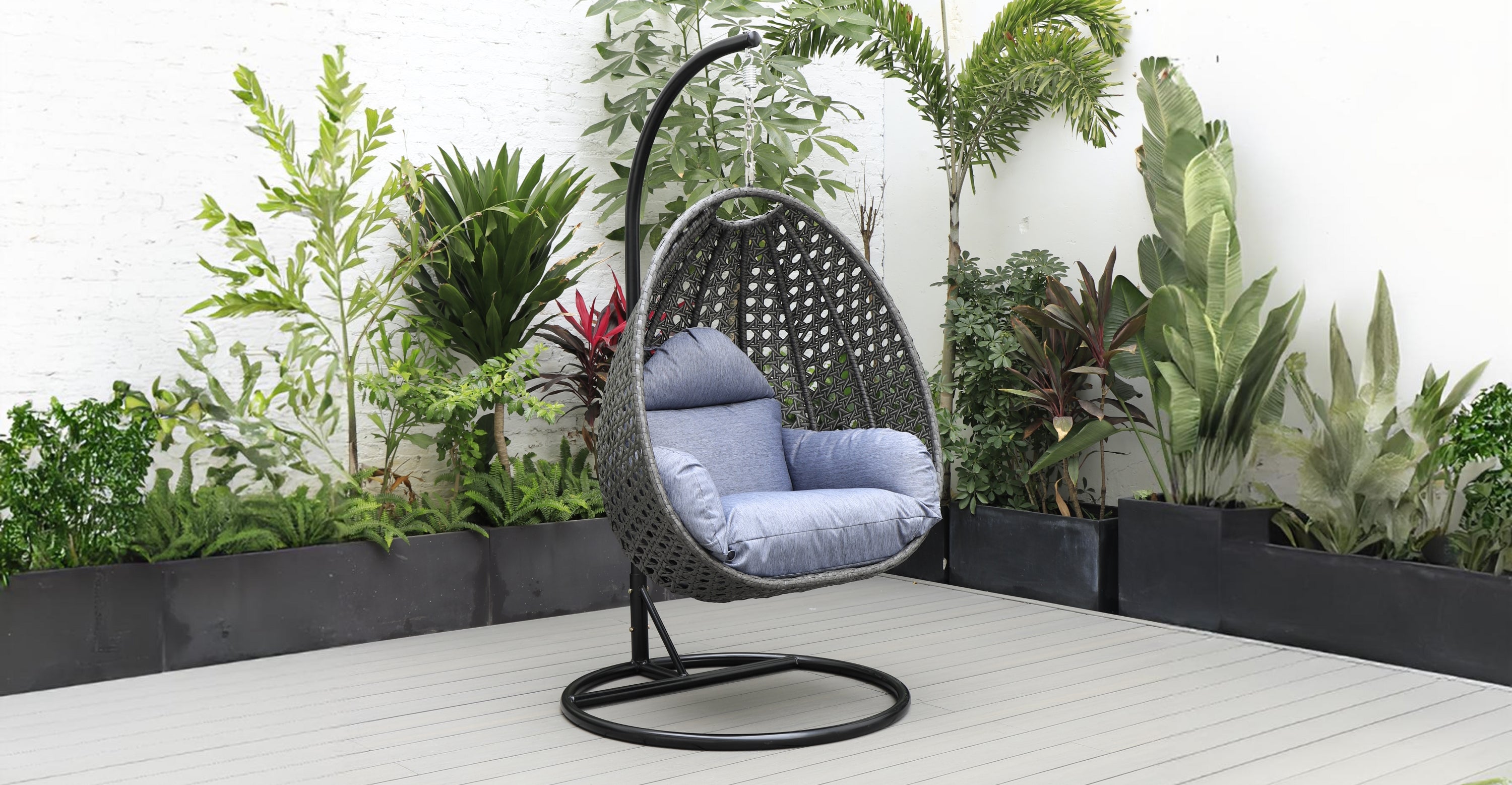 Charcoal Wicker Hanging Single Egg Swing Chair With Cushions