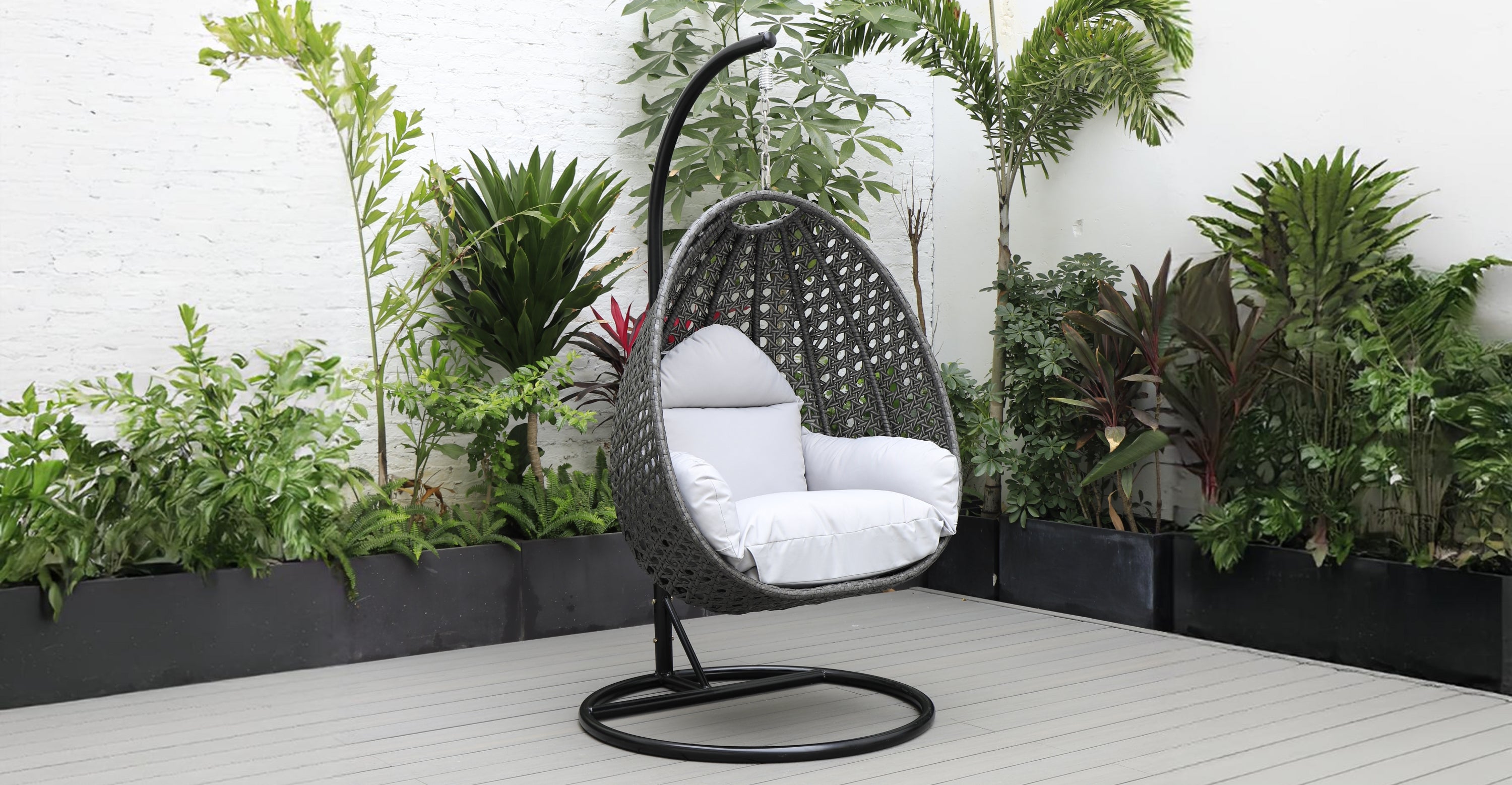 Charcoal Wicker Hanging Single Egg Swing Chair With Cushions