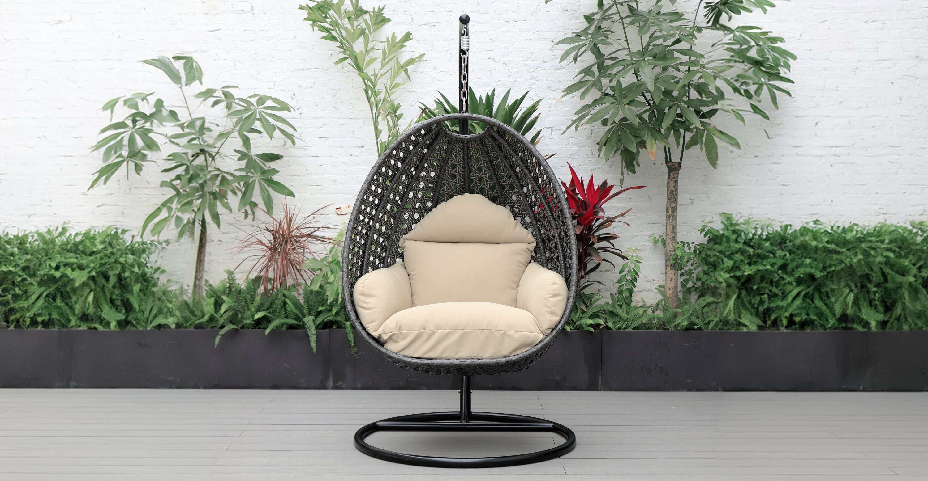 Charcoal Wicker Hanging Single Egg Swing Chair With Cushions