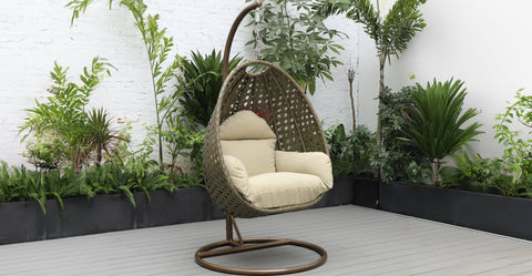 Beige Wicker Hanging Single Egg Swing Chair With Cushions