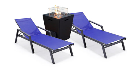 Marlin Modern Black Aluminum Outdoor Chaise Lounge Chair Set of 2 With Arms and Square Fire Pit Side Table for Patio