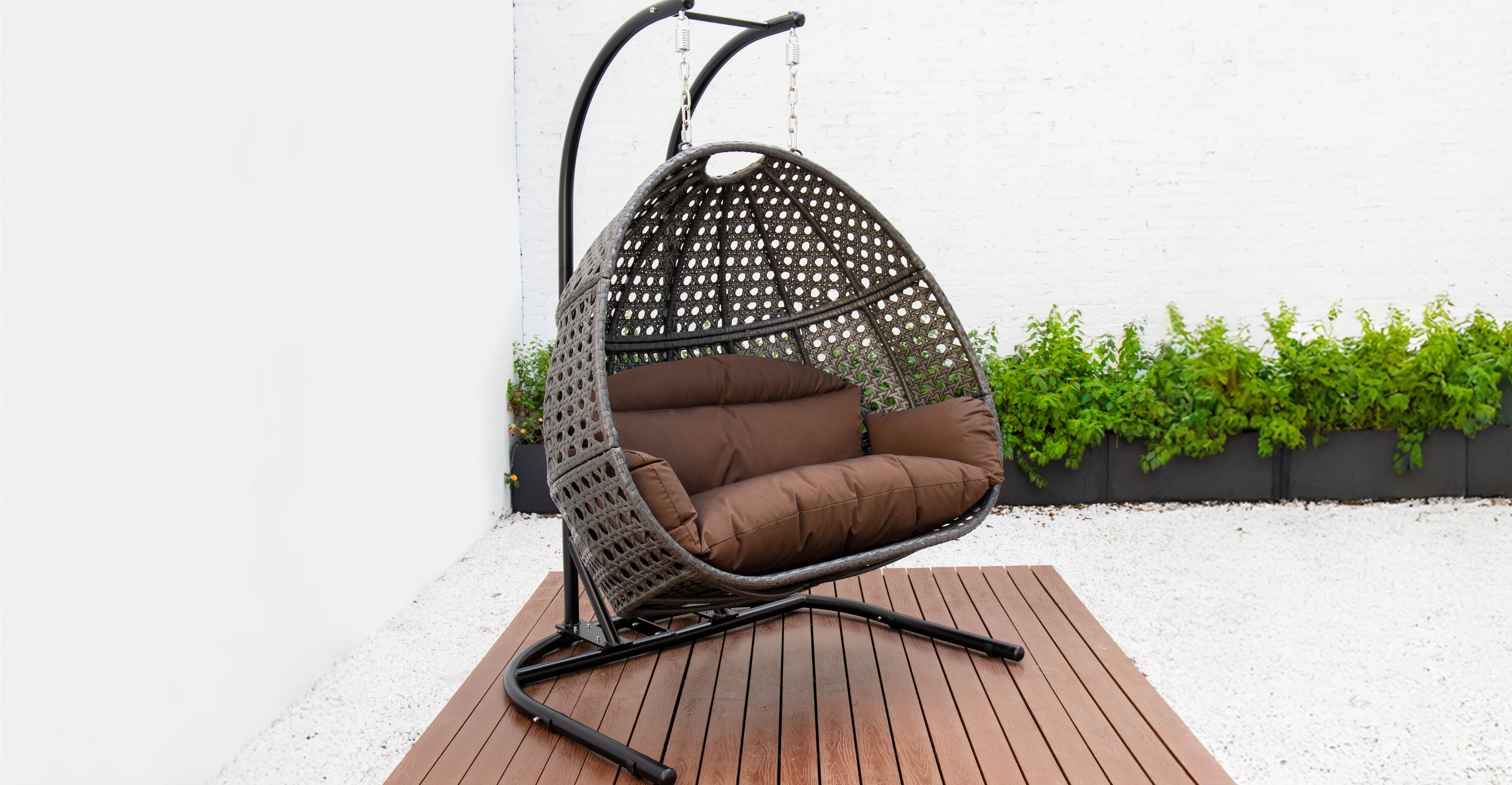 Wicker Hanging Double Egg Beige Swing Chair with an Iron Base