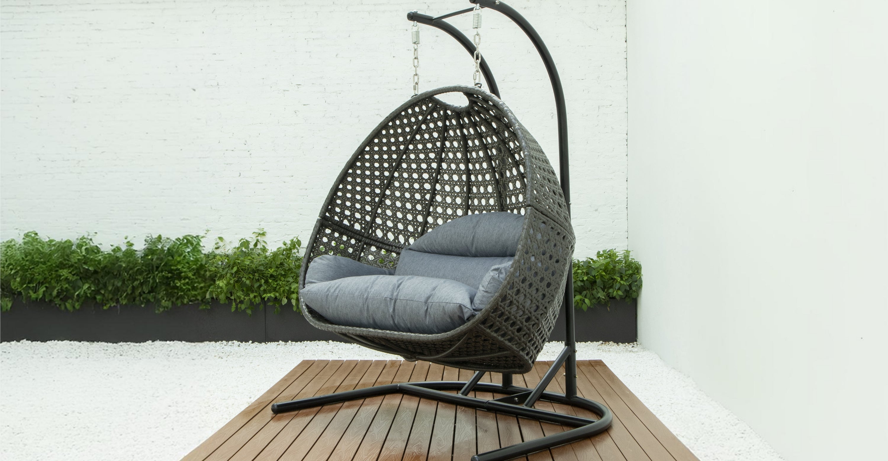 Wicker Hanging Double Egg Charcoal Swing Chair with an Iron Base