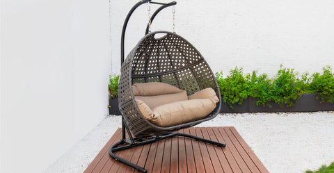 Wicker Hanging Double Egg Charcoal Swing Chair with an Iron Base