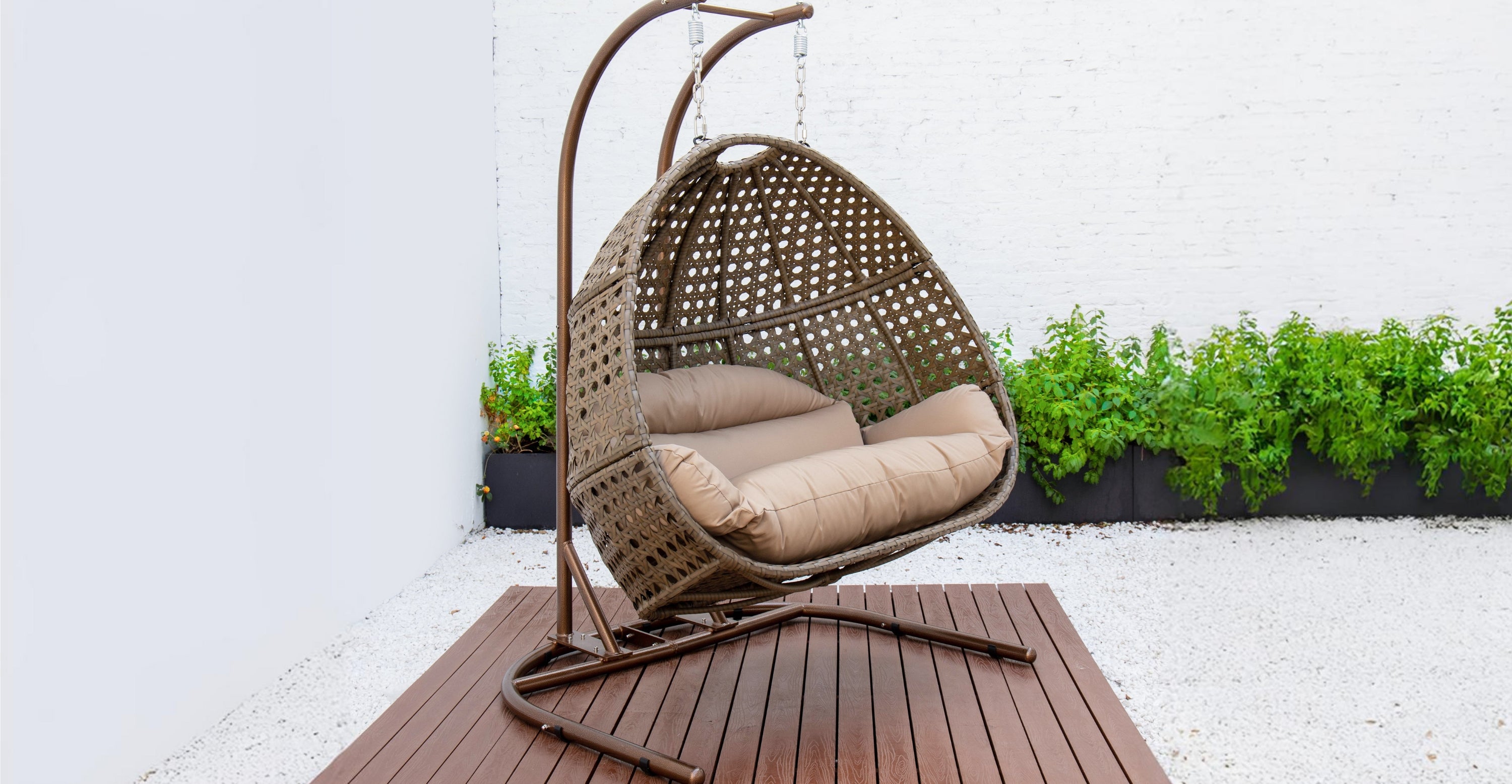 Wicker Hanging Double Egg Beige Swing Chair with an Iron Base