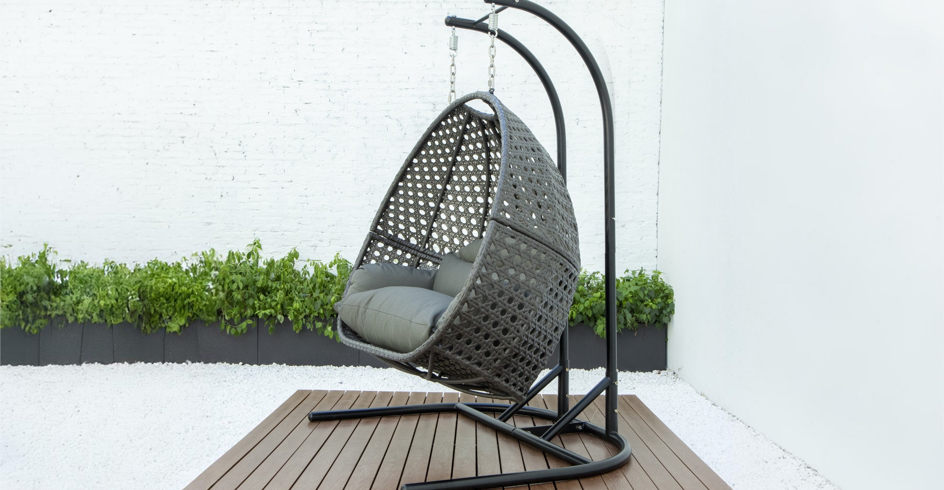 Wicker Hanging Double Egg Charcoal Swing Chair with an Iron Base