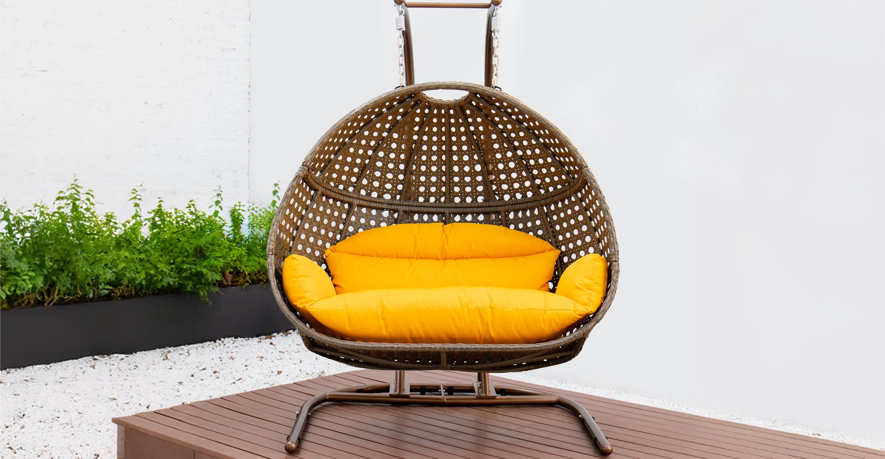 Wicker Hanging Double Egg Beige Swing Chair with an Iron Base