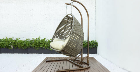 Wicker Hanging Double Egg Beige Swing Chair with an Iron Base