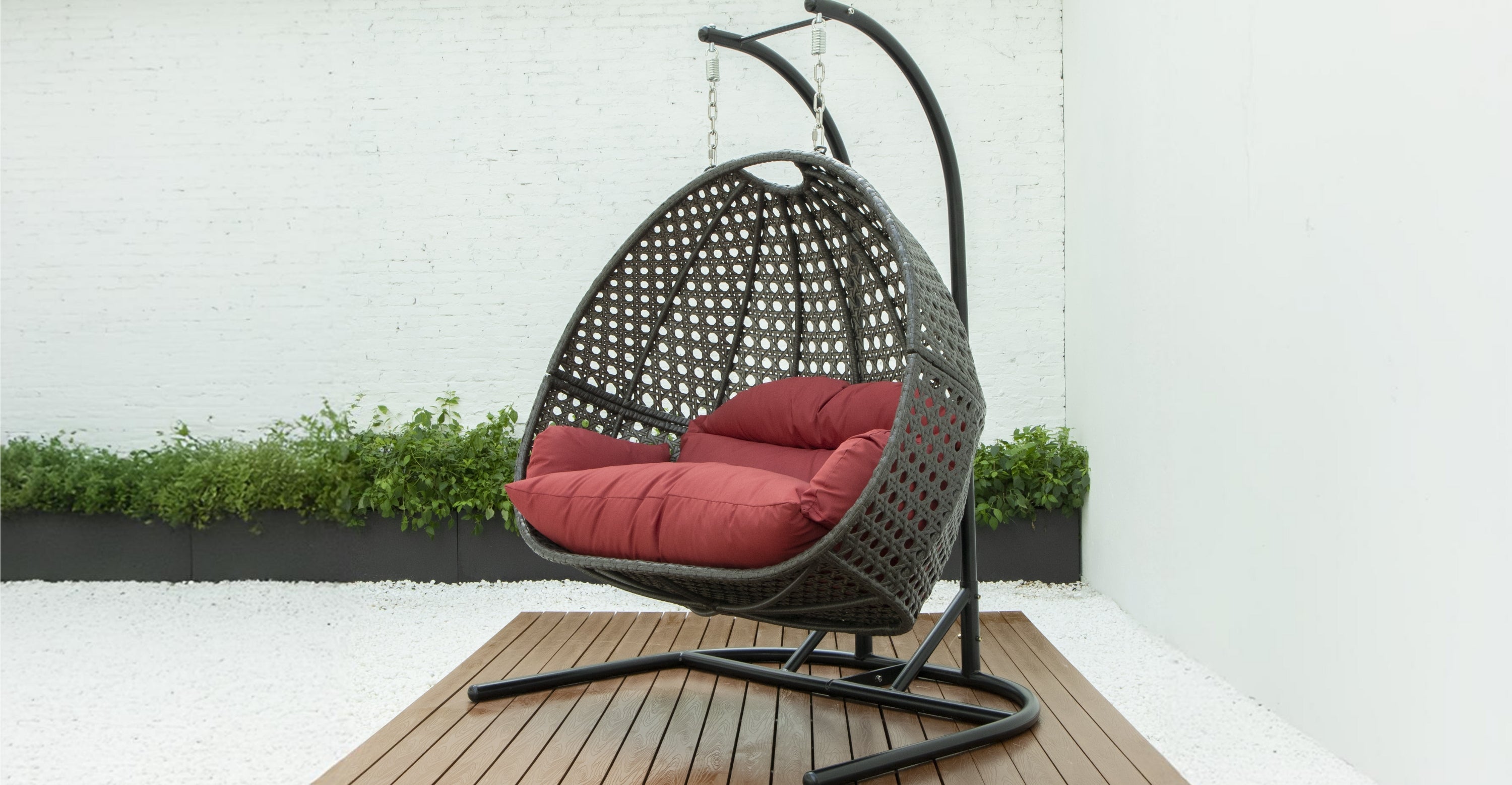 Wicker Hanging Double Egg Charcoal Swing Chair with an Iron Base