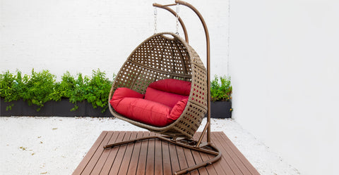 Wicker Hanging Double Egg Beige Swing Chair with an Iron Base