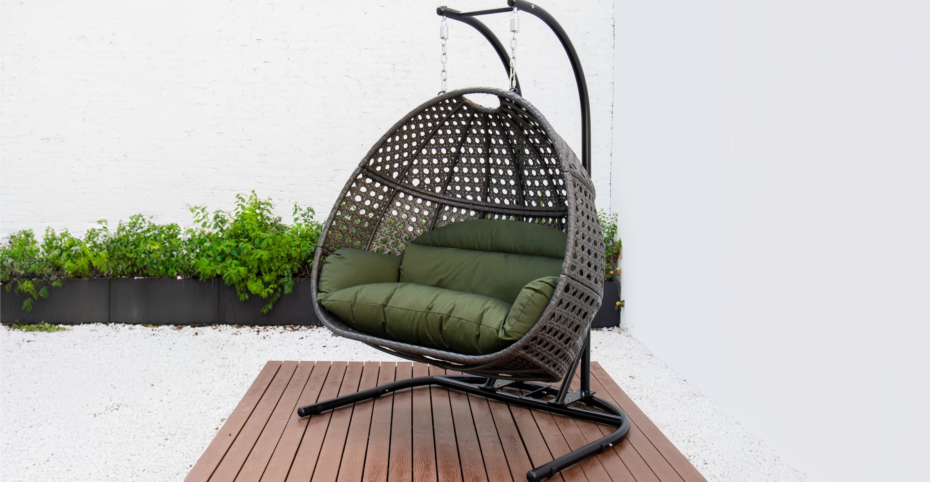 Wicker Hanging Double Egg Charcoal Swing Chair with an Iron Base