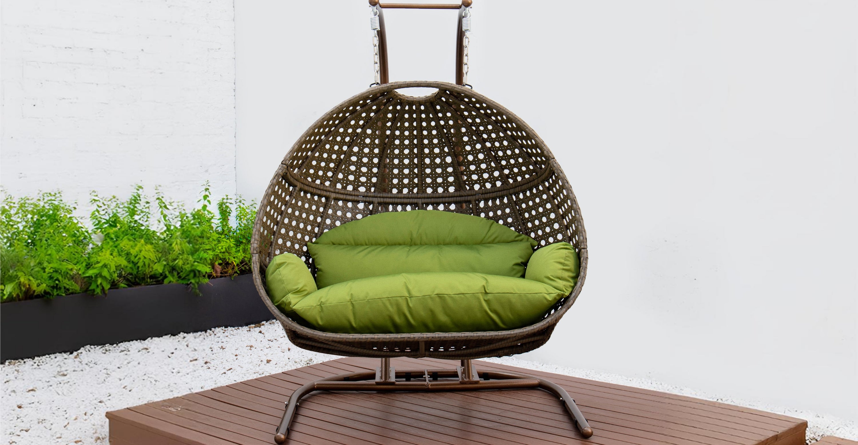 Wicker Hanging Double Egg Beige Swing Chair with an Iron Base