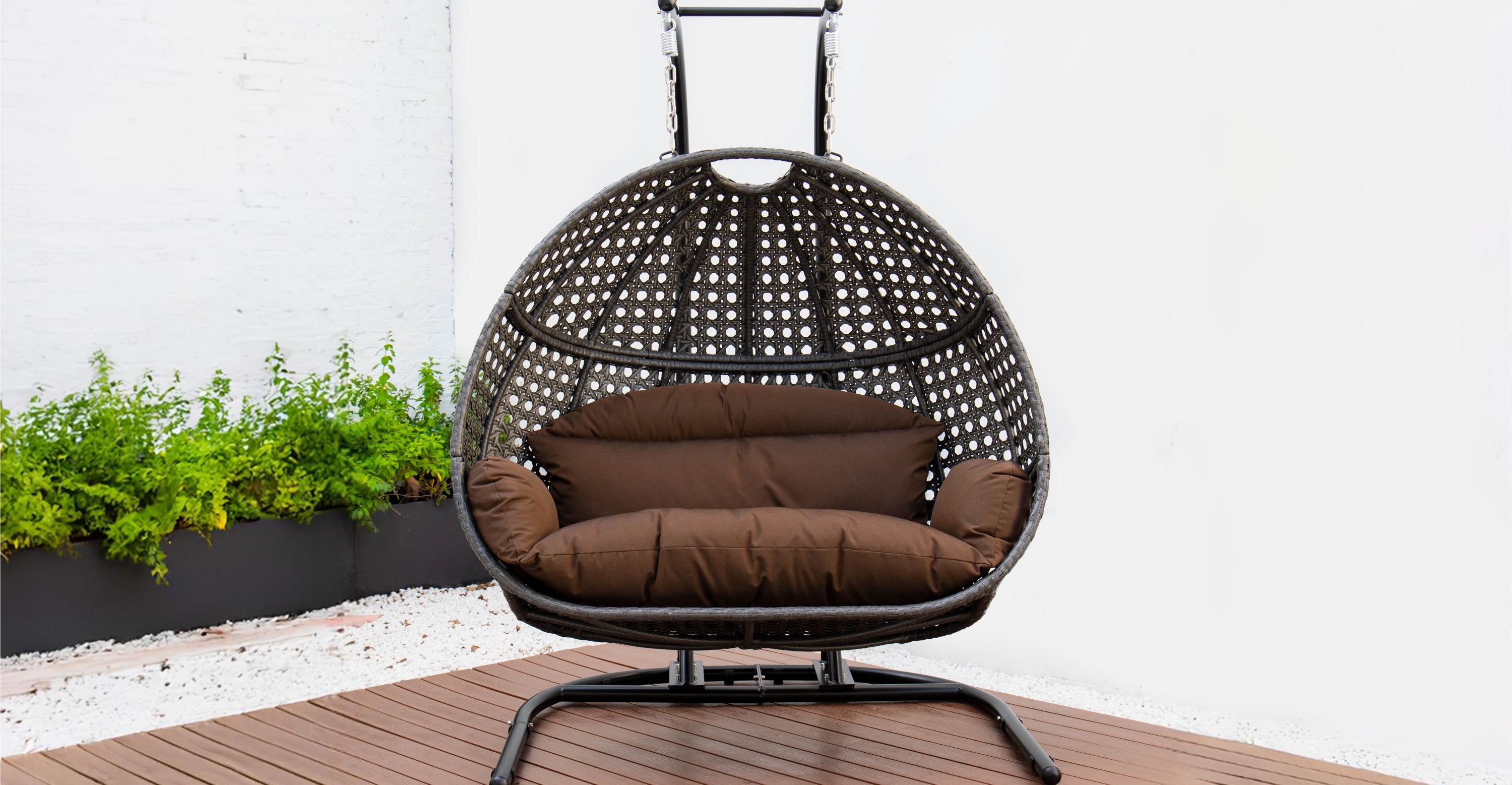 Wicker Hanging Double Egg Charcoal Swing Chair with an Iron Base