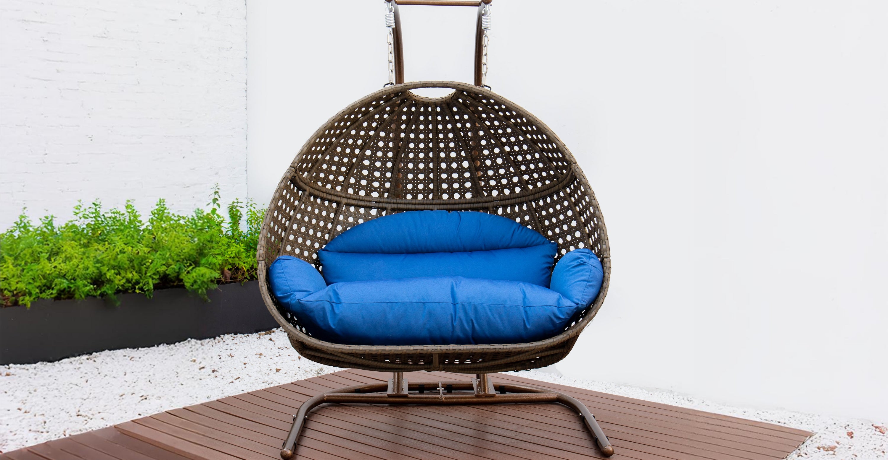 Wicker Hanging Double Egg Beige Swing Chair with an Iron Base