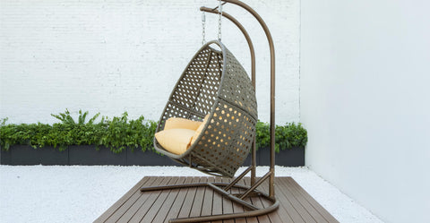 Wicker Hanging Double Egg Beige Swing Chair with an Iron Base