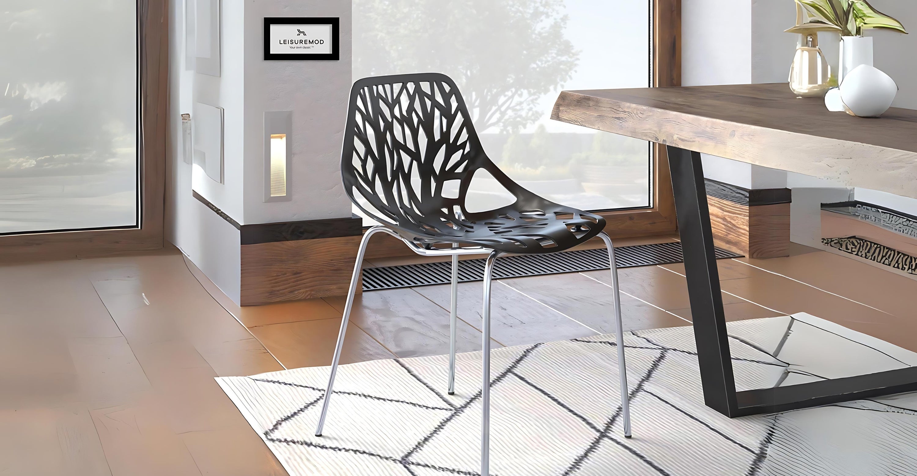 Asbury Polypropylene Dining Side Chair with Forest Cut-Out Design in Chrome