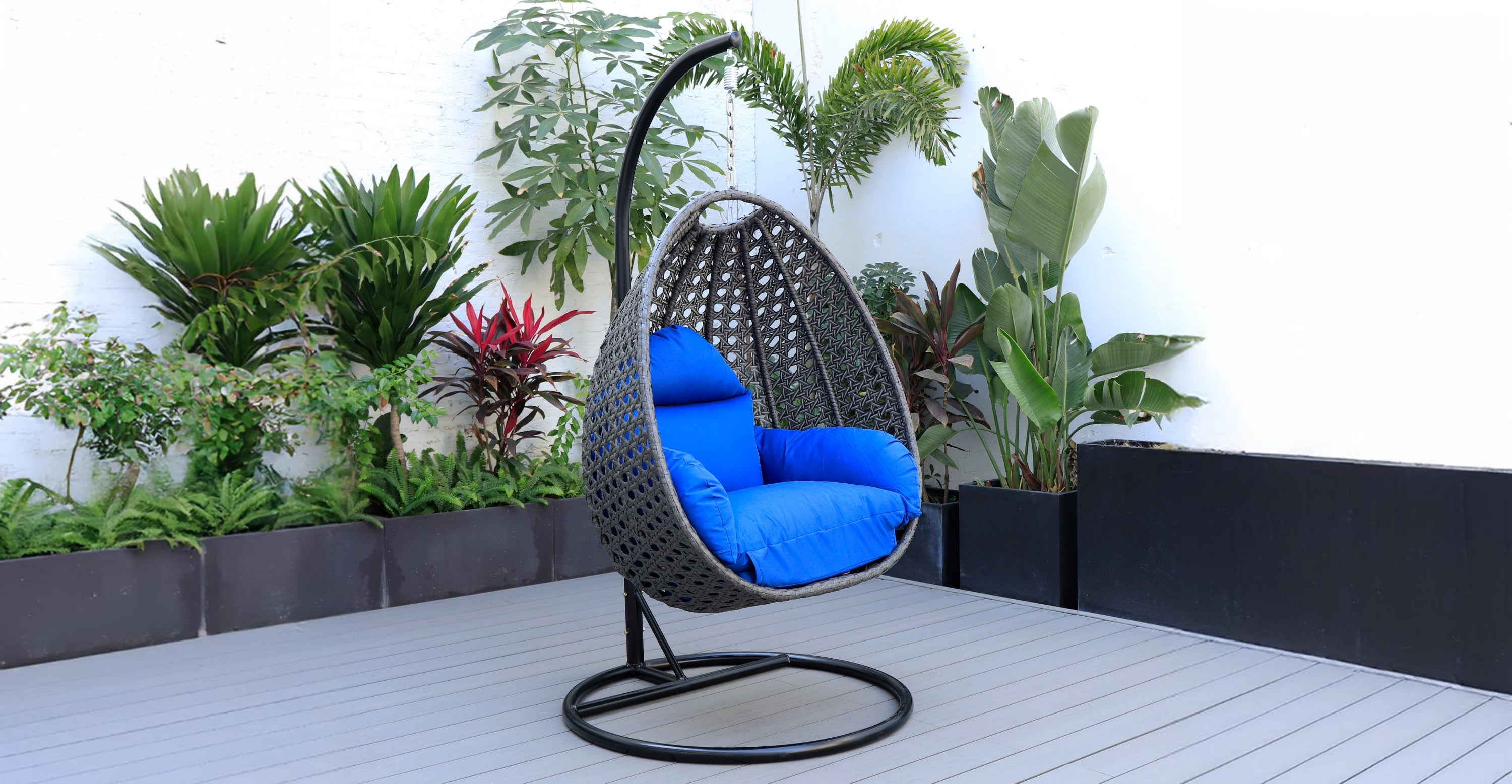 Charcoal Wicker Hanging Single Egg Swing Chair With Cushions