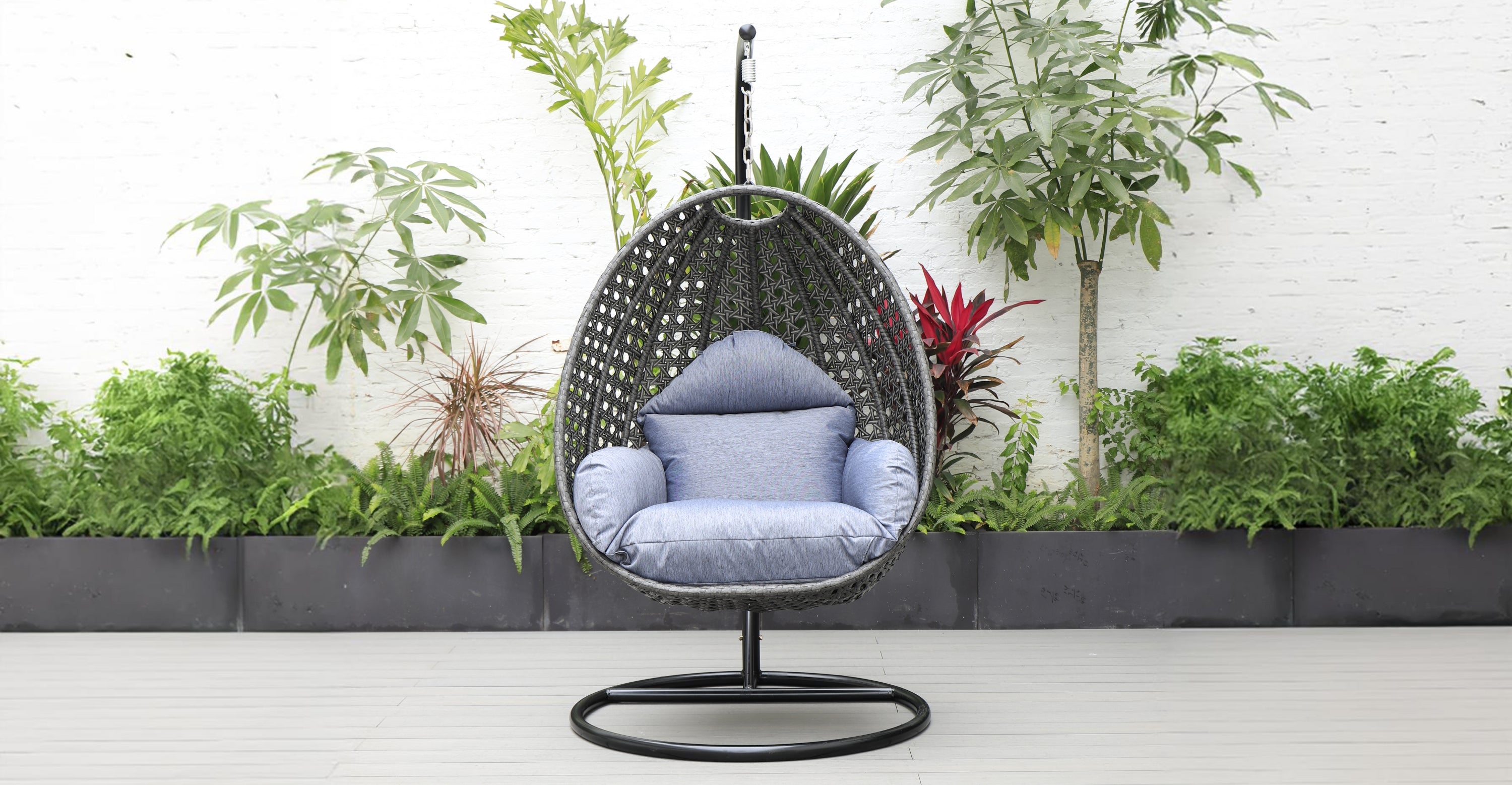 Charcoal Wicker Hanging Single Egg Swing Chair With Cushions