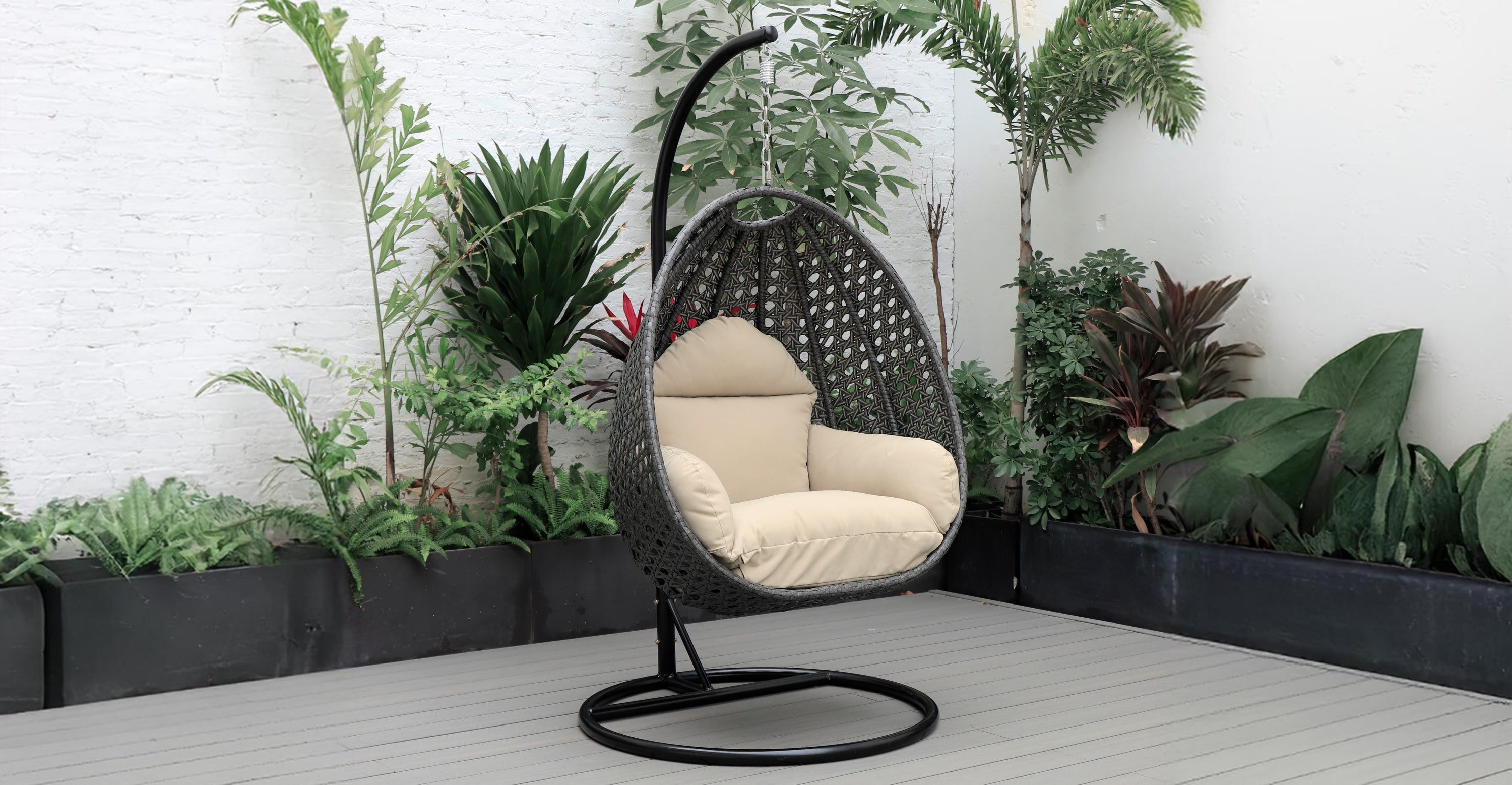 Charcoal Wicker Hanging Single Egg Swing Chair With Cushions