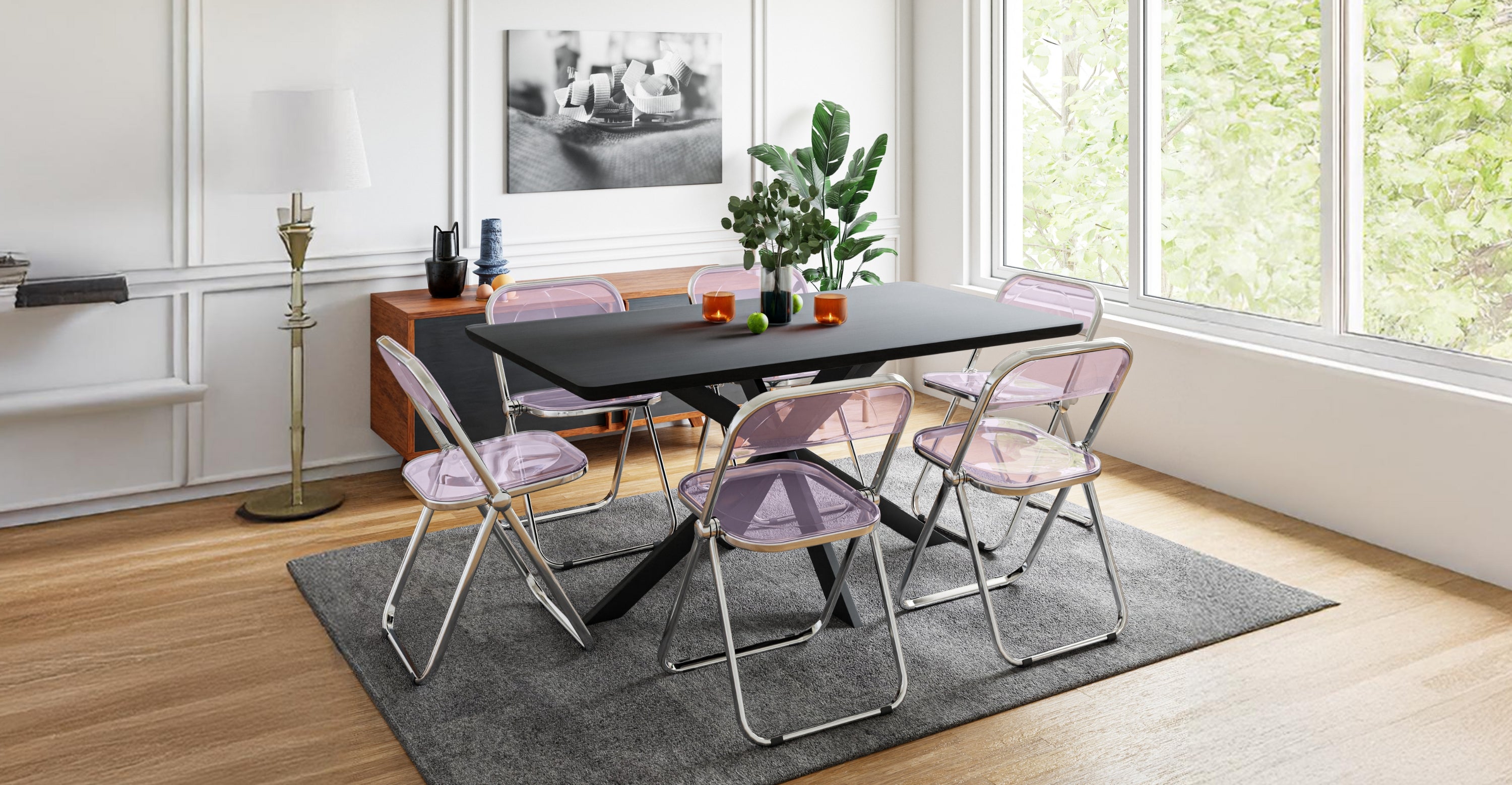 Lawrence 7-Piece Dining Set: Folding Acrylic Chairs & Rectangular Wood Table with Geometric Base