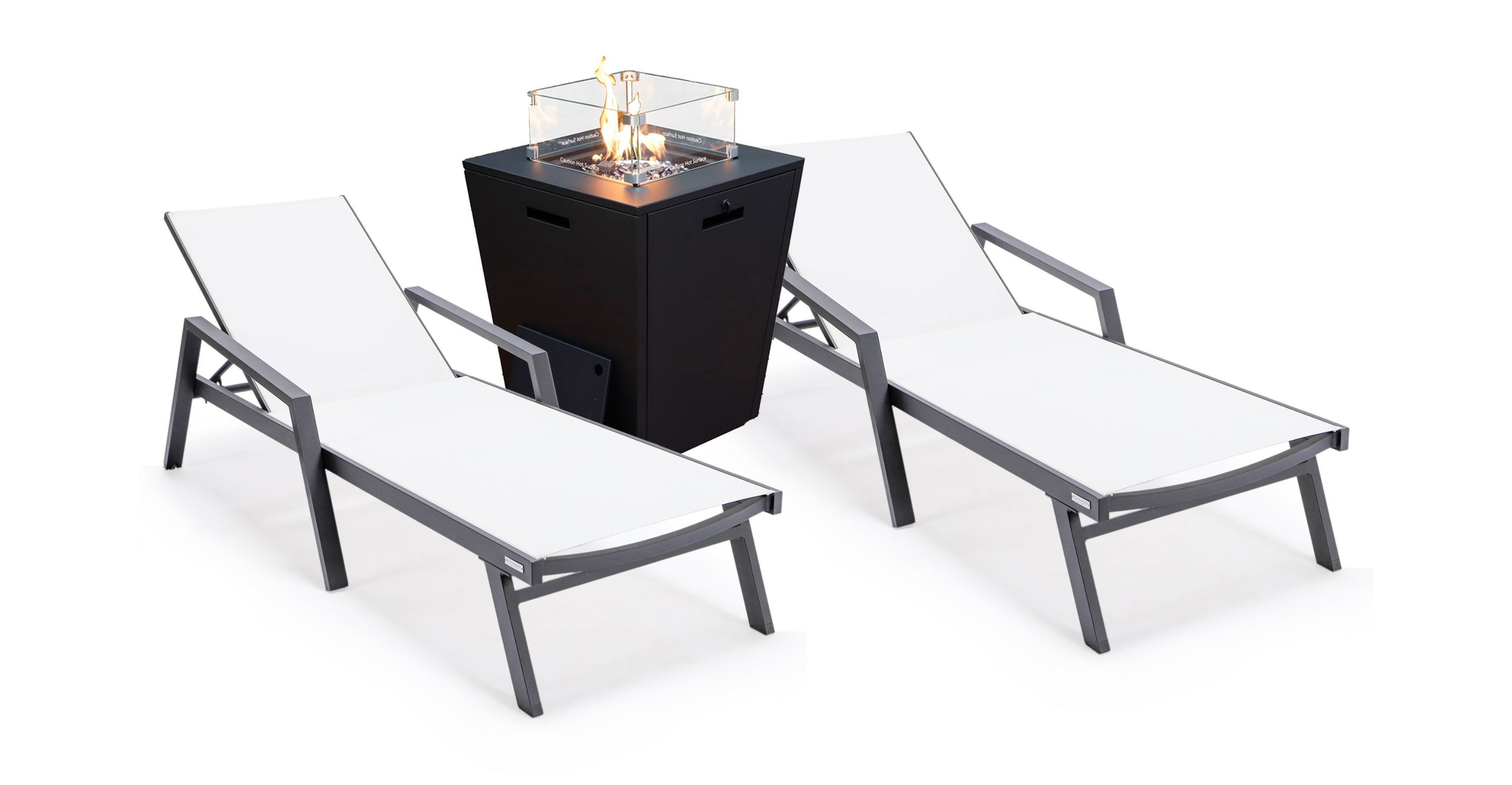 Marlin Modern Black Aluminum Outdoor Chaise Lounge Chair Set of 2 With Arms and Square Fire Pit Side Table for Patio