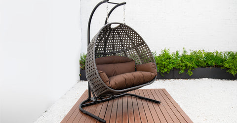 Wicker Hanging Double Egg Charcoal Swing Chair with an Iron Base