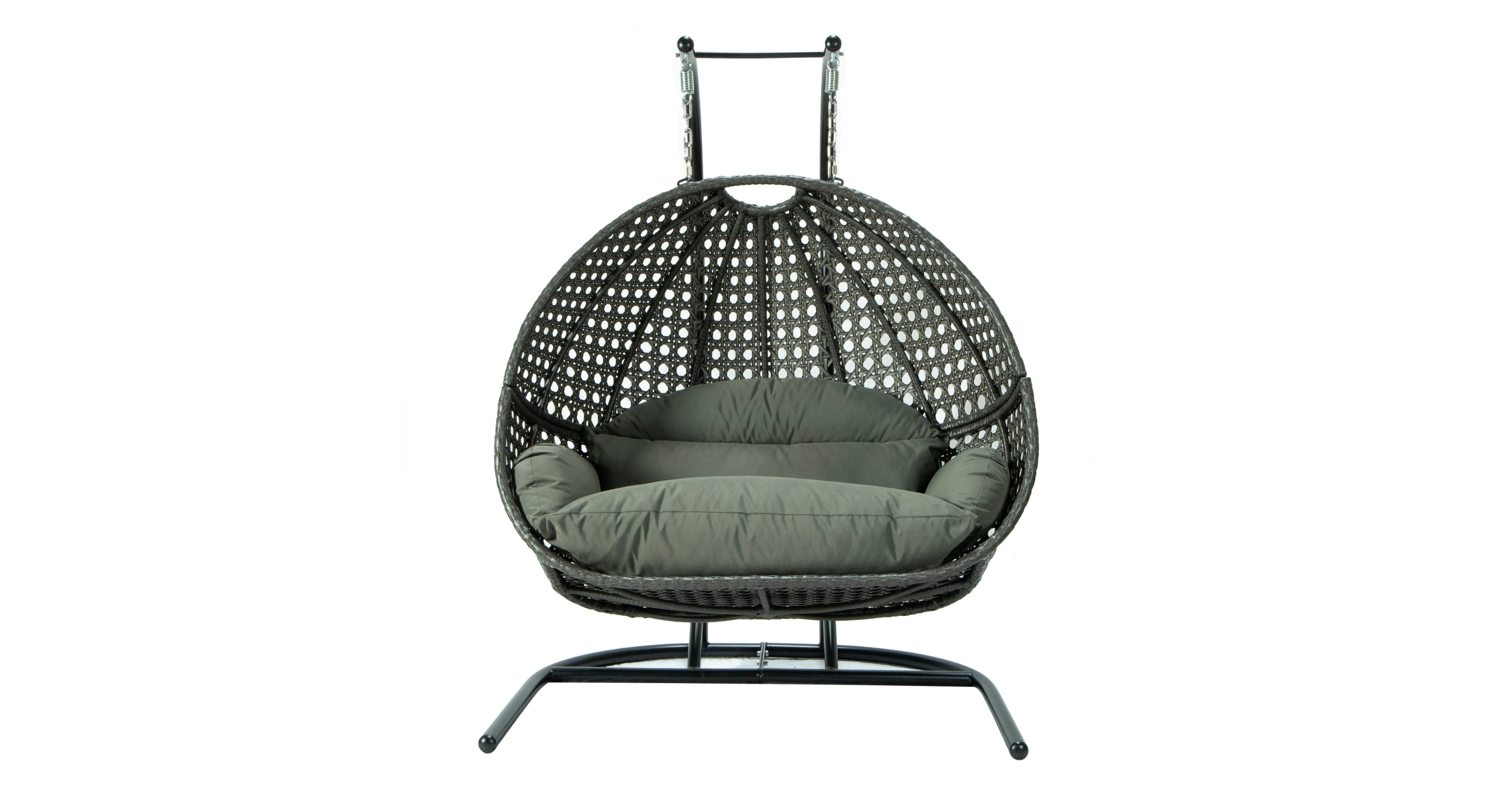 Wicker Hanging Double Egg Charcoal Swing Chair with an Iron Base