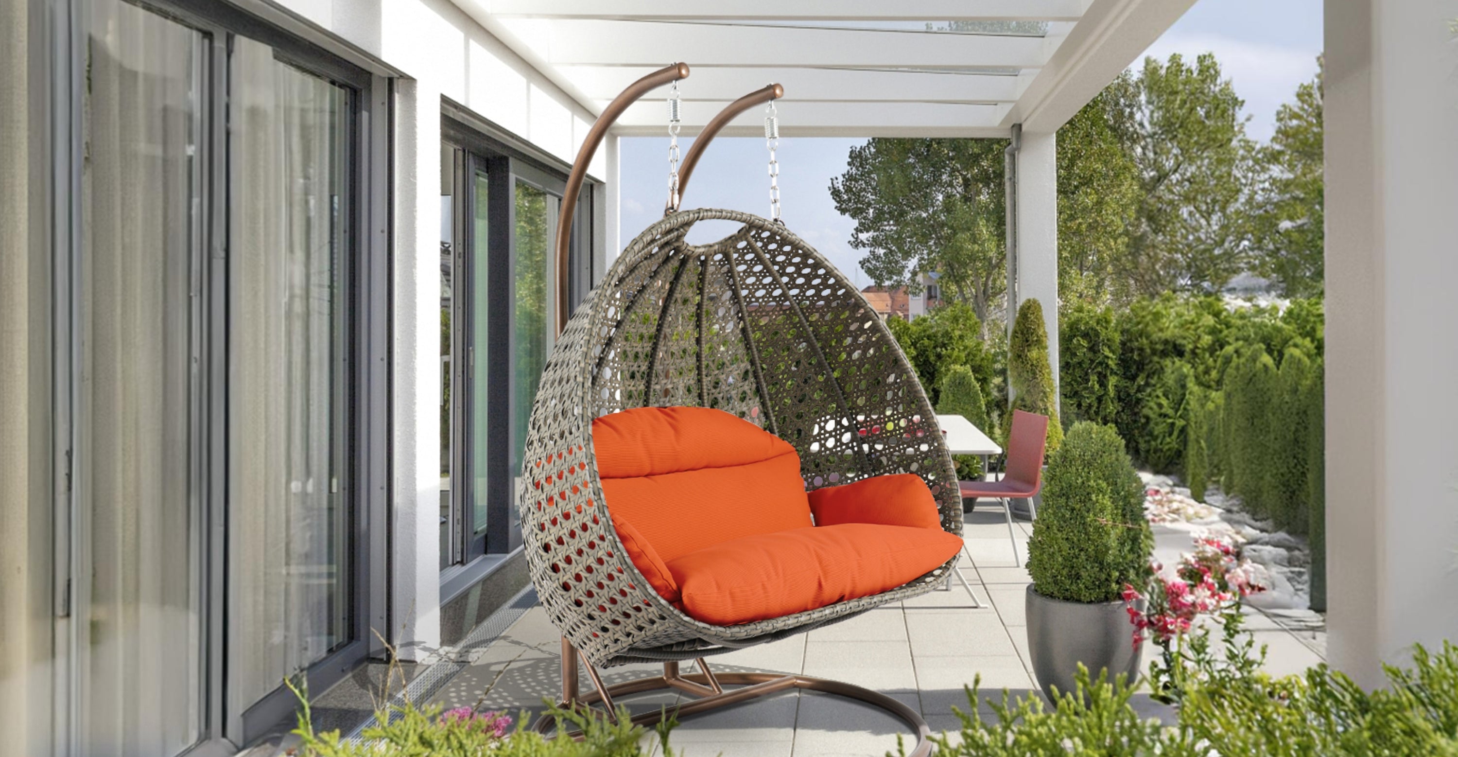 Modern Beige Wicker Hanging Double Seater Egg Swing Chair